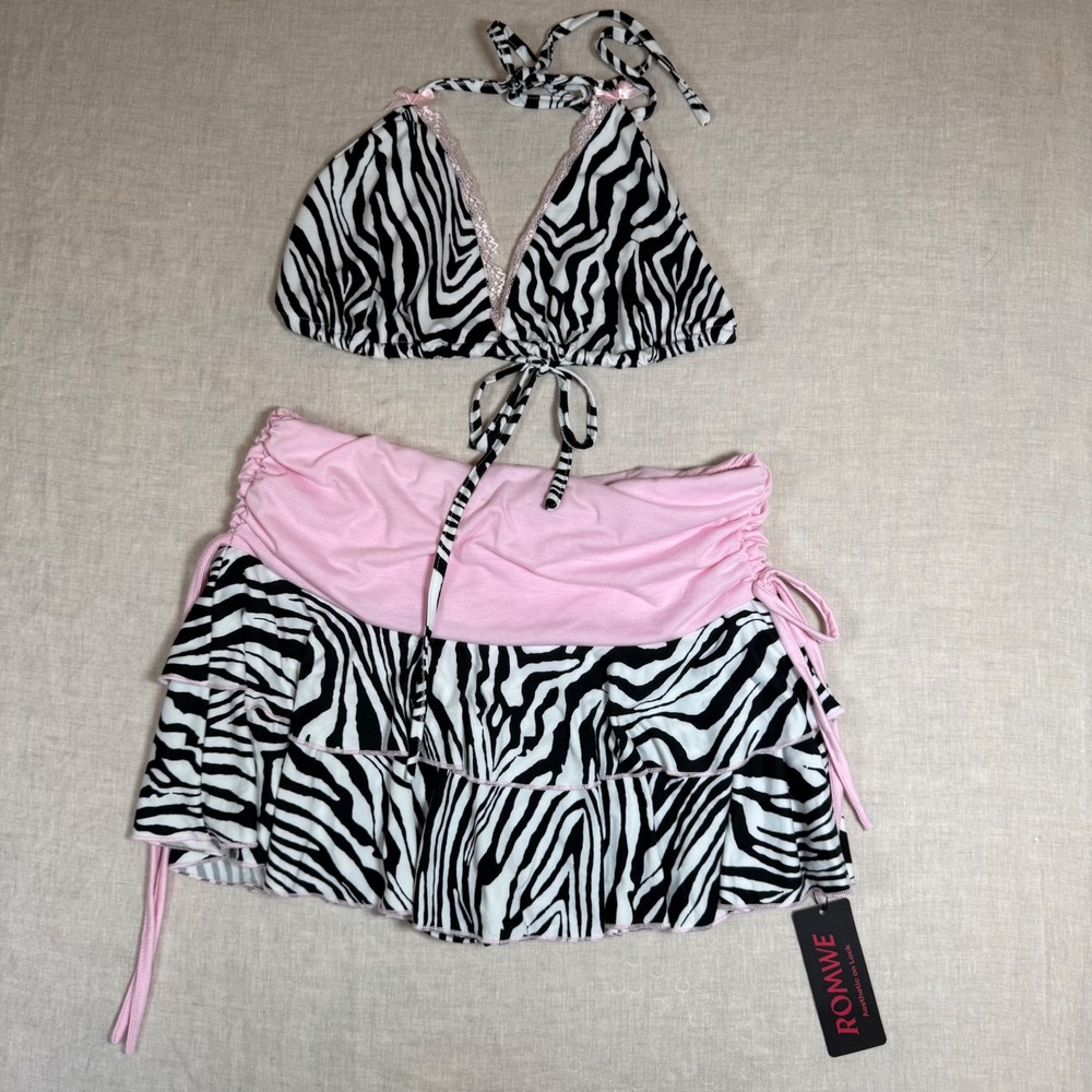 Romwe Zebra Halter Skirt Set Womens 1XL Pink NEW Y2K Ruffle Lace Trim - Picture 2 of 9